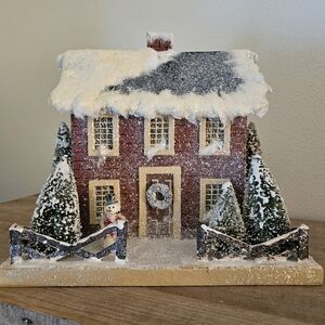 Ragon House Paper Mache Glittery Holiday Snowy House With Snowman